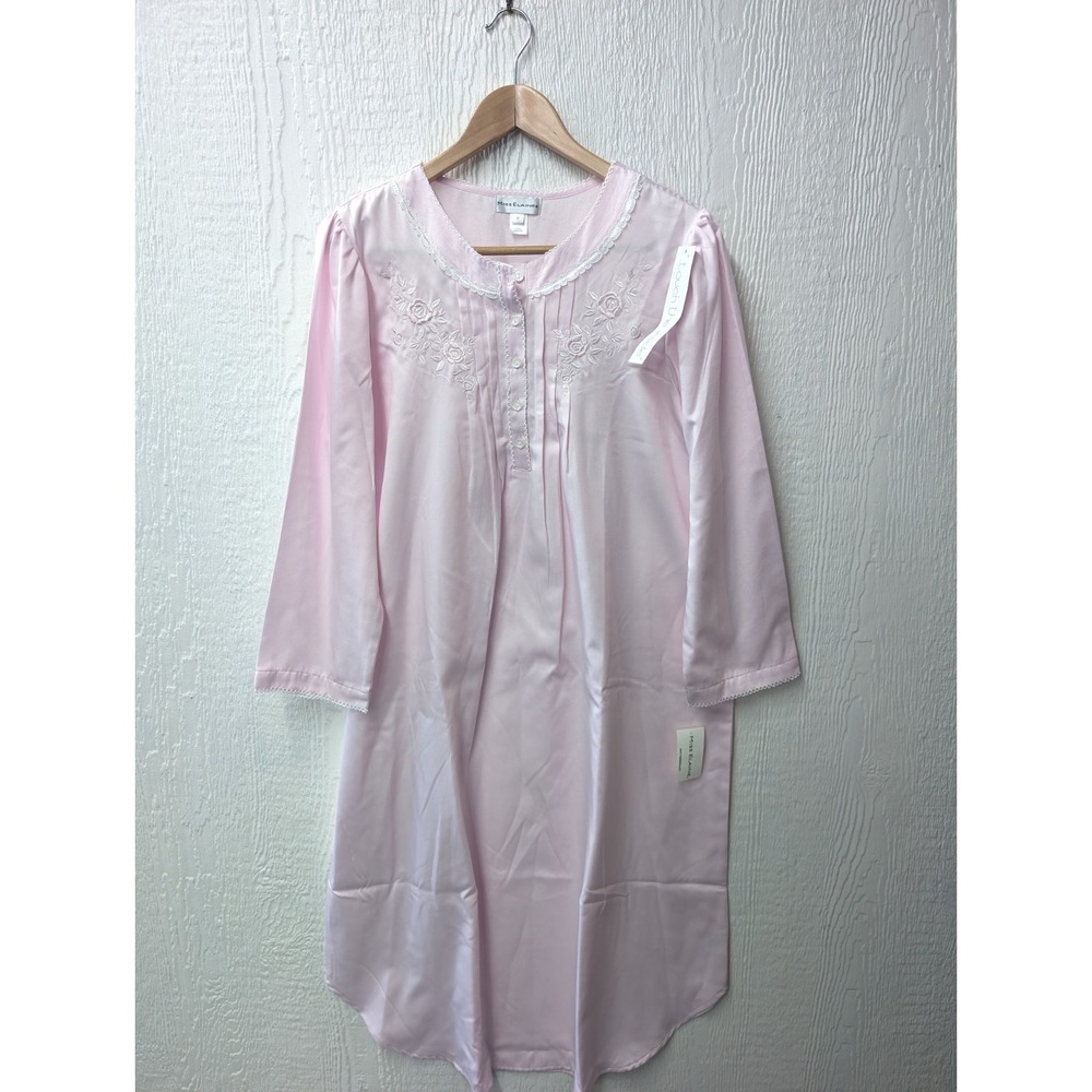 NWT Miss Elaine Pink Satin Floral Half Button Nightgown Cottage Granny Medium